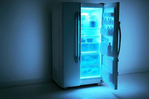 Кухня светится внутри голубого холодильника с открытой дверью