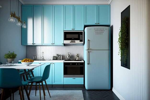 Кухня с современной мебелью в квартирах с домашним интерьером синего цвет