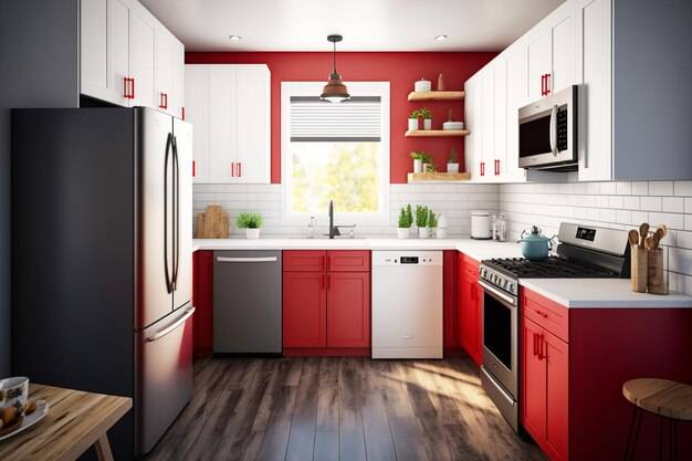 Кухня с белым островом, красной акцентной стеной и белой столешницей
