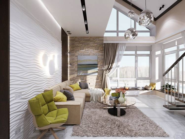 Дизайн гостиной со вторым светом в дом