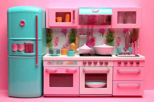 Розово-голубая кухня с розовым холодильником и белой плитой