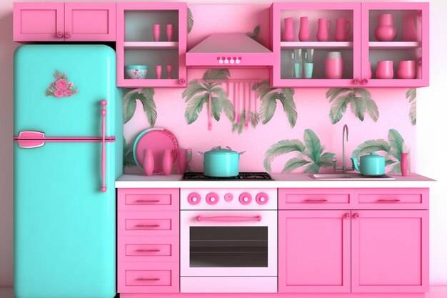 Розово-голубая кухня с обоями с зелеными пальмовыми листьями