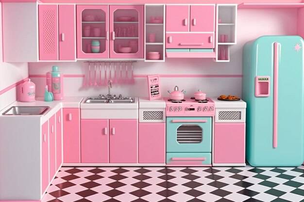 Розово-голубая кухня с плитой и духовкой