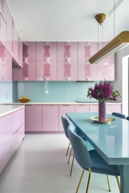 Розово-голубая кухня со столом и стульями генерирующее изображение ai