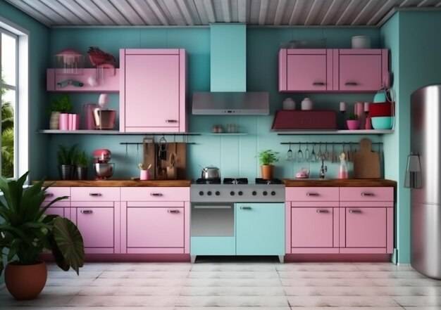 Кухня в розово-голубой цветовой гамм