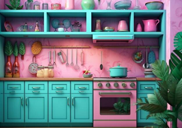 Розово-голубая кухня с розовой стеной, на которой висит куча кухонной утвари