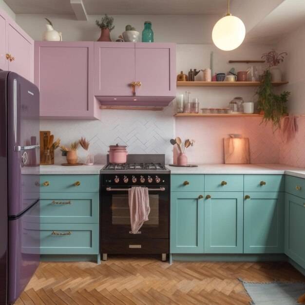 Кухня с розово-голубыми шкафами и черной плитой