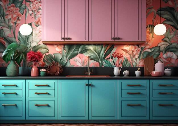 Кухня с розово-голубым кухонным шкафом