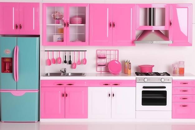Кухня с розово-голубыми шкафами и белой плитой