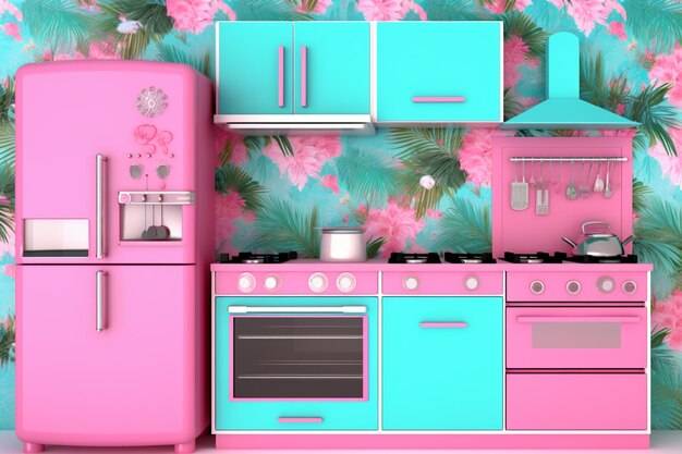 Розово-голубой кухонный гарнитур с розовой плитой и духовкой