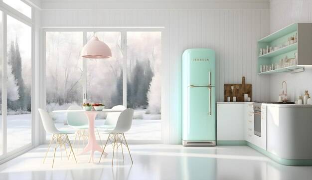 Яркий интерьер кухни с современной белой мебелью, пастельным мятным холодильником и большим окном от пола до потол