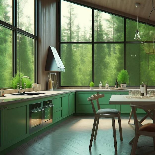 Стильный интерьер кухни с большим окном с зелеными фасадами и раковиной у окна за окном комнаты лес