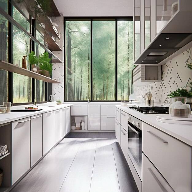 Минималистичный интерьер кухни с панорамными окнами и светлыми плафонами
