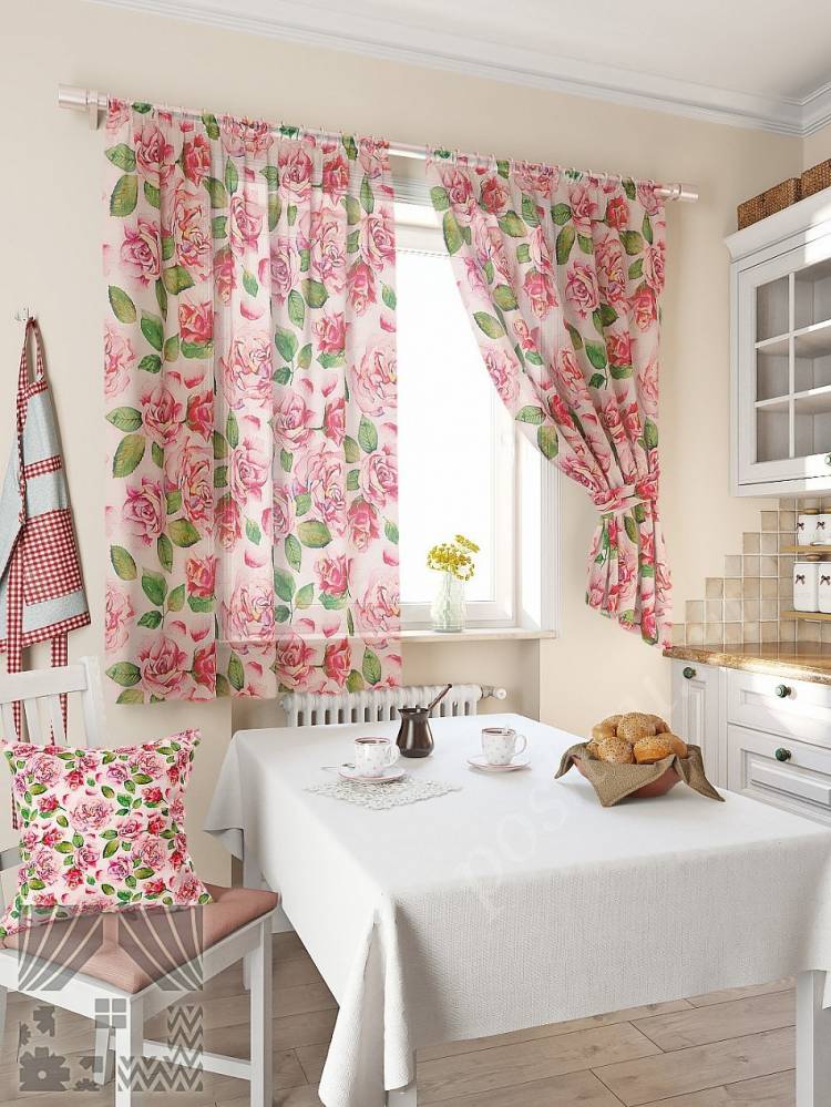 Романтический комплект штор в розовых тонах с флористическим рисунком для кухни, готовые шторы в интернет магазине дешев