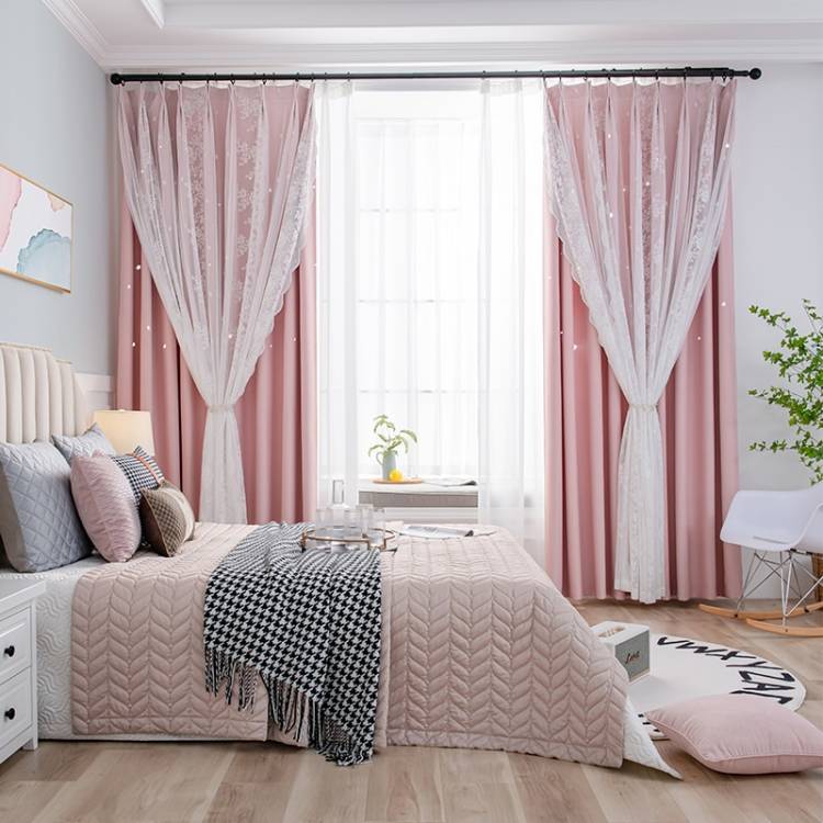 Двойные полые Звездные затемняющие шторы для гостиной девочки ребенка спальни окна кухни розовые занавески с белым кружевом Тюль