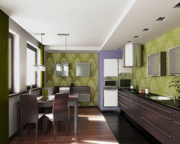 Дизайн кухни с зелеными обоями