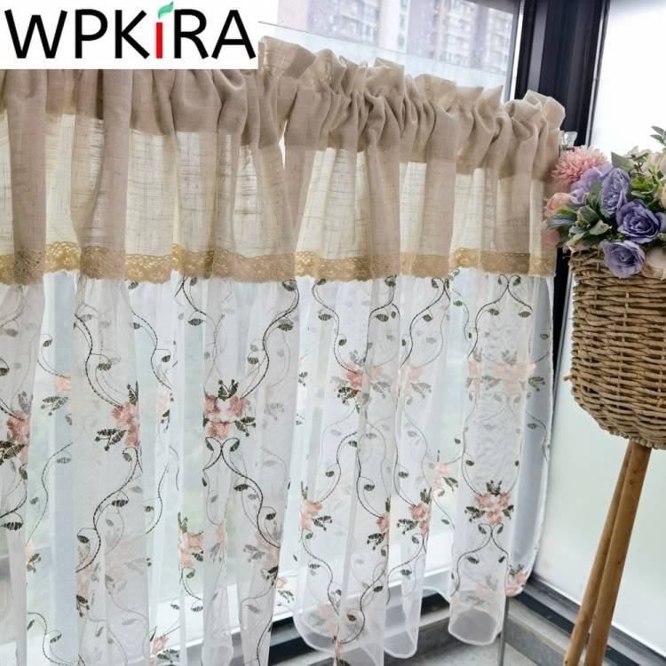 Японские льняные шторы с цветочным рисунком, Короткие Занавески для гостиной, балкона, полупрозрачные кофейные, для кухни