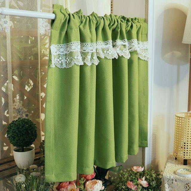 Полузатемняющие Короткие шторы из льна и хлопка, японские зеленые занавески с сельским кружевом для гостиной, кухонная ткань, # A