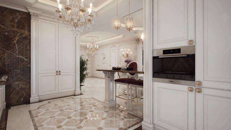 Мраморный пол с бежевым орнаментом в интерьере белой кухни