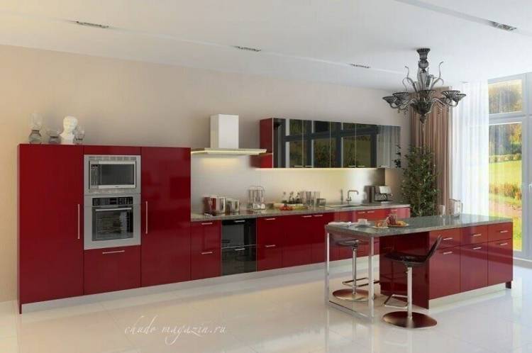 Кухня красного цвета фасады из алюминиевого профиля Шук