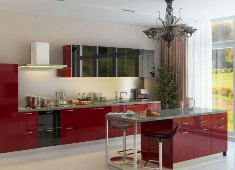 Кухня красного цвета фасады из алюминиевого профиля Шук