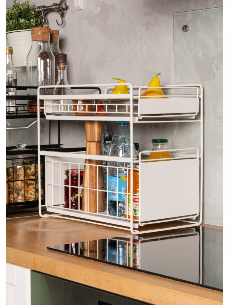 Стеллаж (этажерка, стойка) двухуровневый с выдвигающимися ящиками для кухни