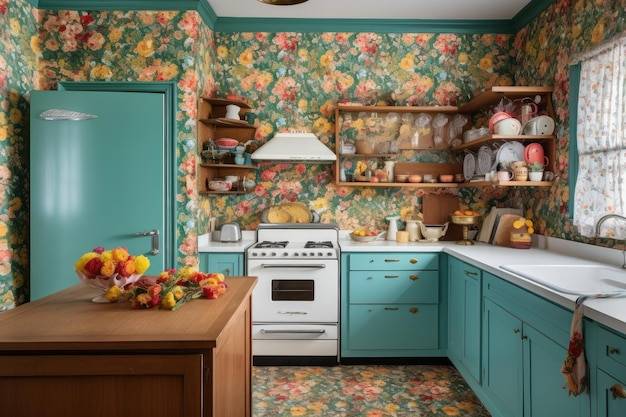 Цветочные обои на кухне со шкафами и бытовой техникой, созданные с помощью генеративного ии