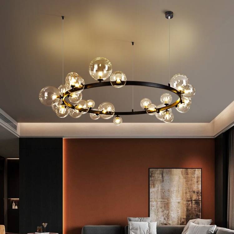 Светодиодная люстра в скандинавском стиле для гостиной, столовой, спальни, кухни, подвесной светильник в стиле ретро, стеклянный шар, Круглый кольцевой подвесной светильни