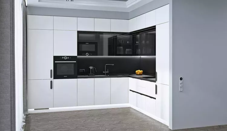 Белая кухня с черной столешницей