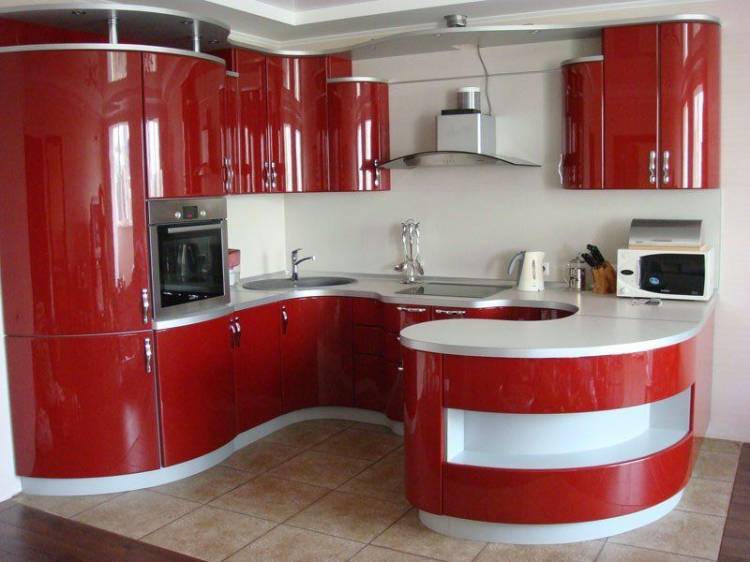 п-образная полукруглая кухня красно-белого цвета с барной стойкой, хай тек, гля