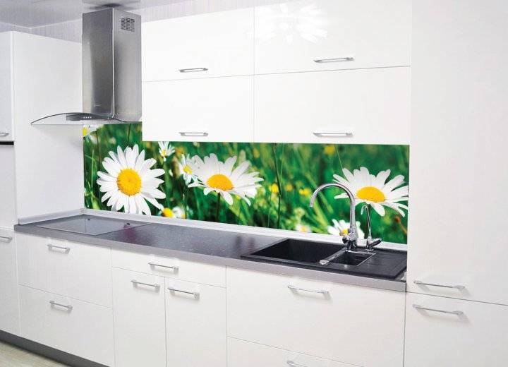 Кухонный фартук Солнечные ромашки, виниловая самоклеющаяся пленка, наклейка на кухню, на стену, Зеленый