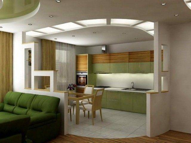 Интересные идеи дизайна потолка в кухне, совмещенной с гостиной