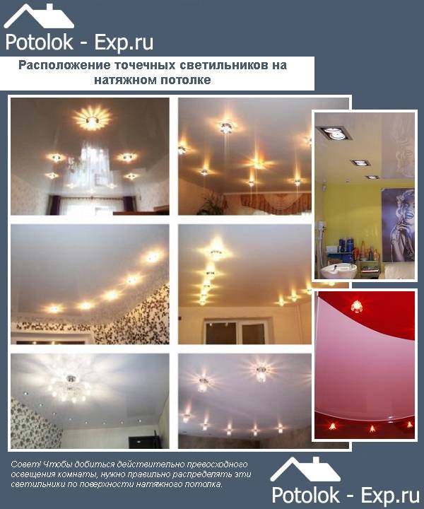 Расположение точечных светильников на натяжном потолке в комнатах, фот