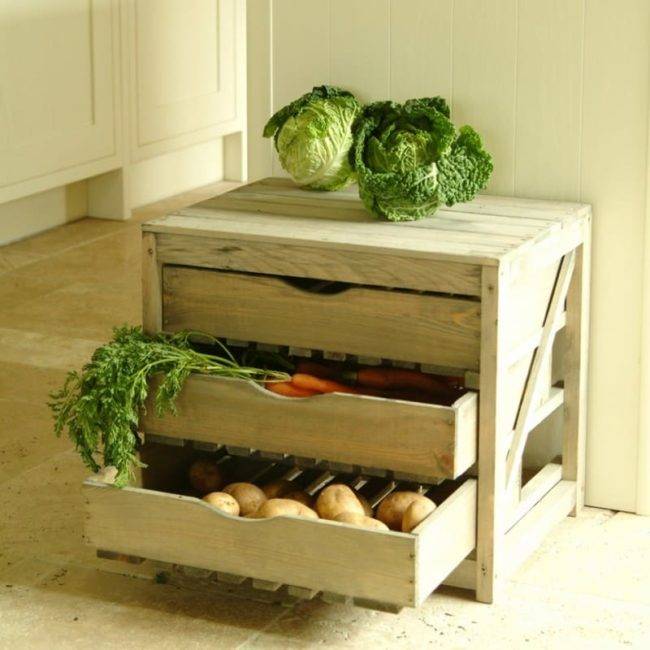Хранение овощей на кухне в ящиках, шкафах, тумбах