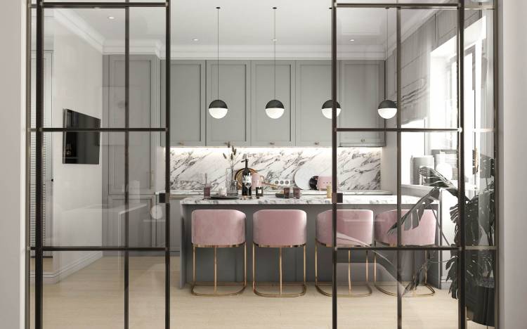 Серо розовая кухня в интерьере: 91+ идей дизайна