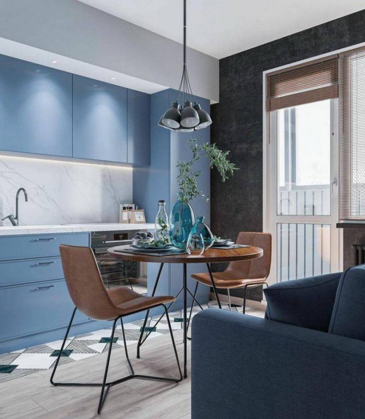 Серо голубой цвет в интерьерах кухонь
