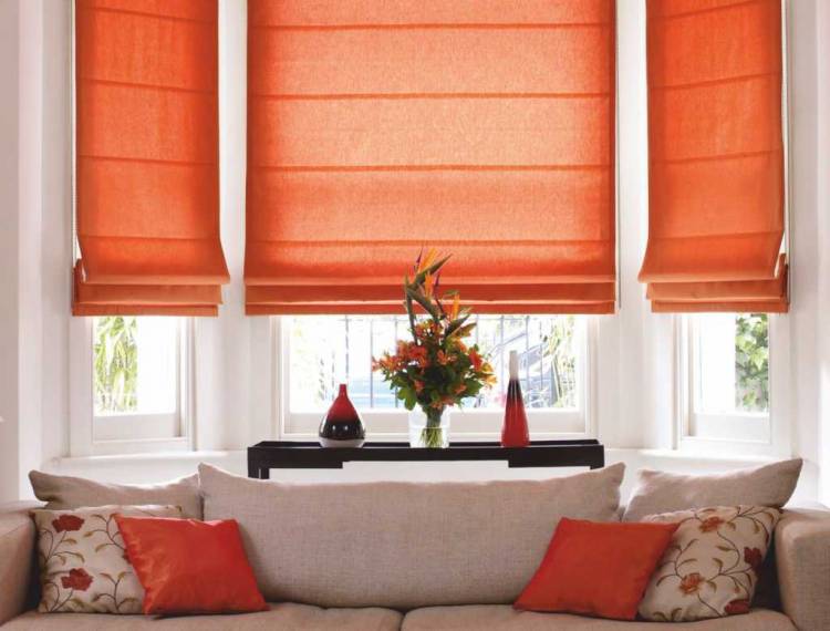 Оранжевые шторы в интерьере кухни, гостиной и спальни