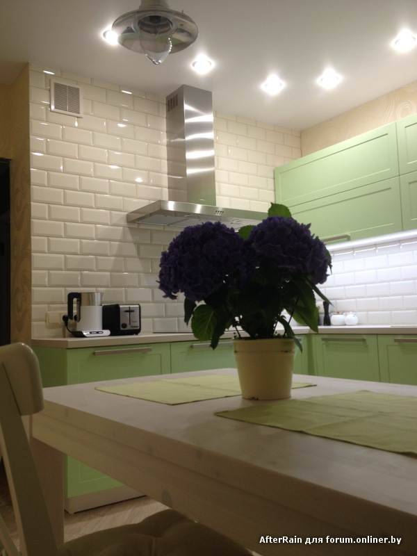 Дизайн зеленой кухни с фартуком из «кабанчика» и с выходом на балк