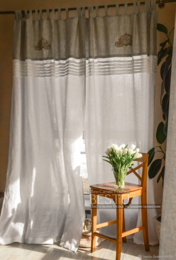 Льняные шторы тюль на петлях с вышивкой прованс на кухню гостиную