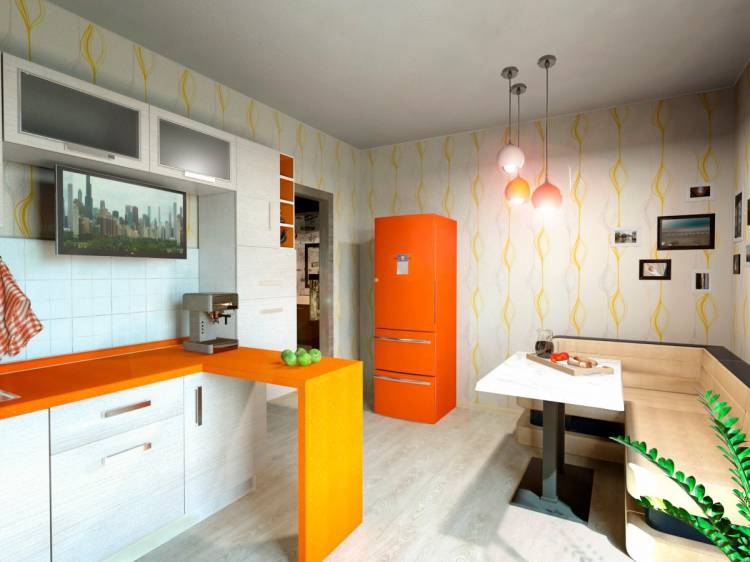 Оранжевый холодильник в интерьер