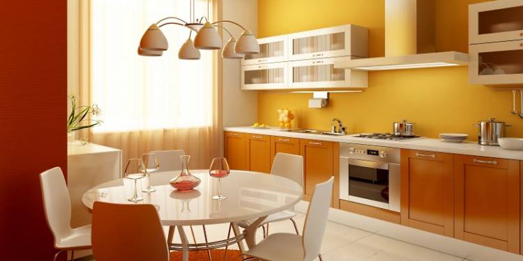С каким цветом сочетается оранжевый цвет в интерьере кухни