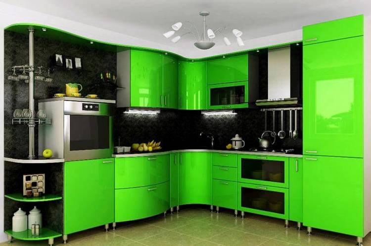 Зеленая кухня с черной столешницей