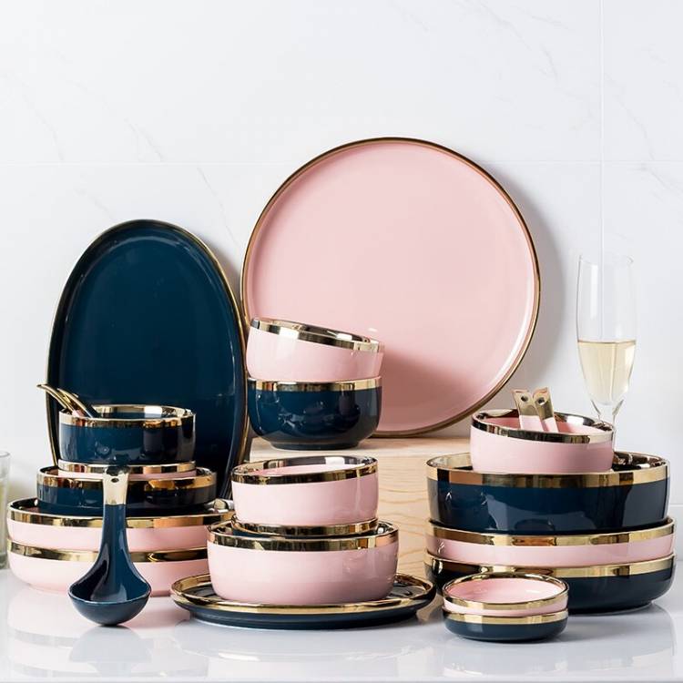 Дизайн новый современный семейный керамический модный однотонный Розовый набор посуды