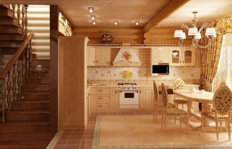 Дизайн кухни в деревянном дом