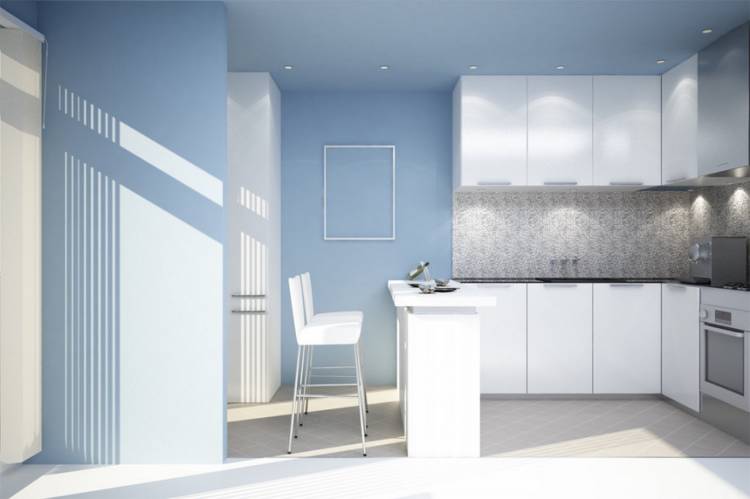 Белая кухня голубые стены