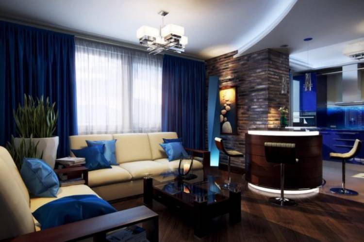 Синие шторы в интерьере кухни, гостиной, спальни