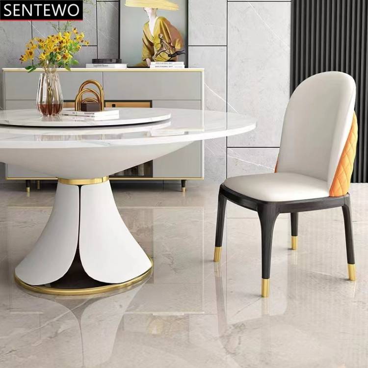 Роскошные кухонные круглые обеденные столы и стулья, кожаные, из нержавеющей стали, с золотой рамой, из искусственного мрамор