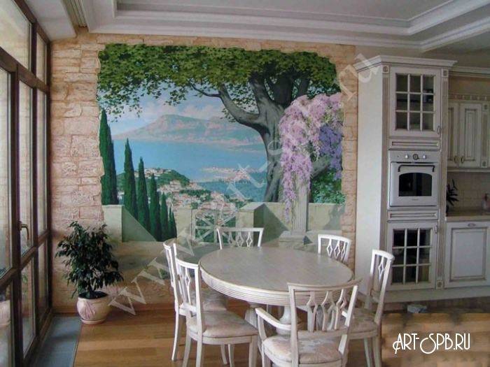 Роспись стен на кухне: 112 фото в интерьере
