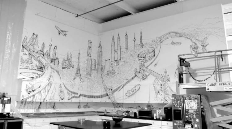 Ручная роспись стен интерьера кухни в стиле модер