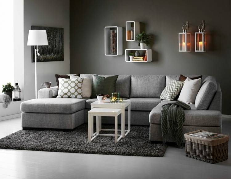 Серый диван в интерьере гостиной фото, интерьер с серым диваном, темно-серый диван, угловой